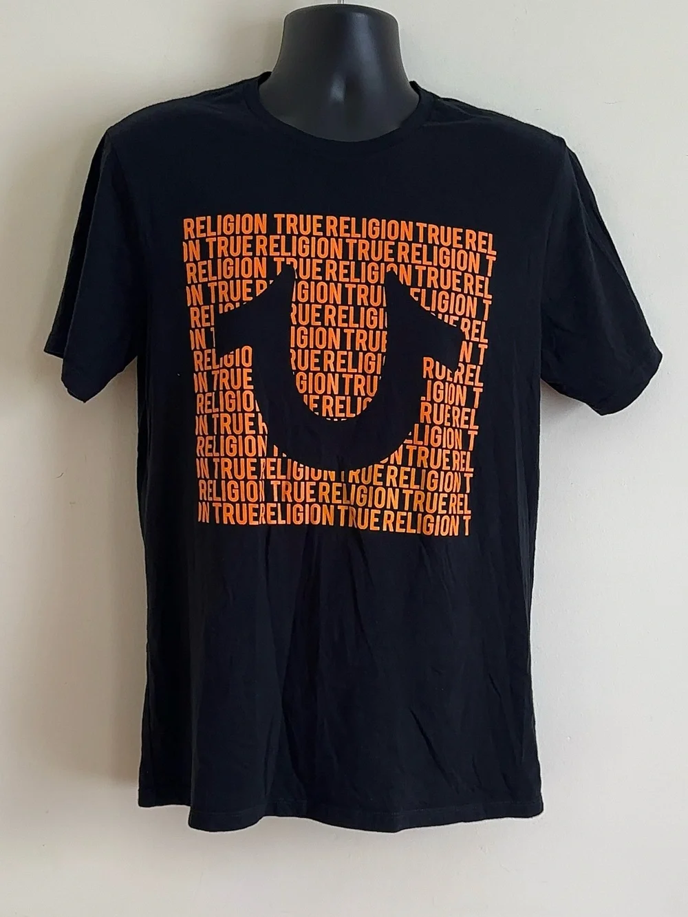 True Religion Black Graphic Logo T-Shirt Orange Horseshoe Men’s Size M